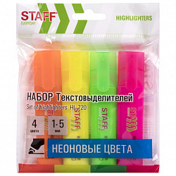 Набор текстовыделителей 4 НЕОНОВЫХ ЦВЕТА, STAFF "EVERYDAY HL-720", линия 1-5 мм, скошенный наконечник, 152555