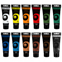 Краски акриловые художественные матовые 12 цветов в тубах по 75 мл, BRAUBERG ART DEBUT, 192419