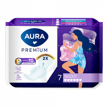 Прокладки женские гигиенические 7 шт., AURA Premium NIGHT, 13123