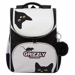 Ранец GRIZZLY анатомическая спинка, с мешком для обуви, для девочек, "BLACKY", серый, 33х25х13 см, RAm-584-1/2