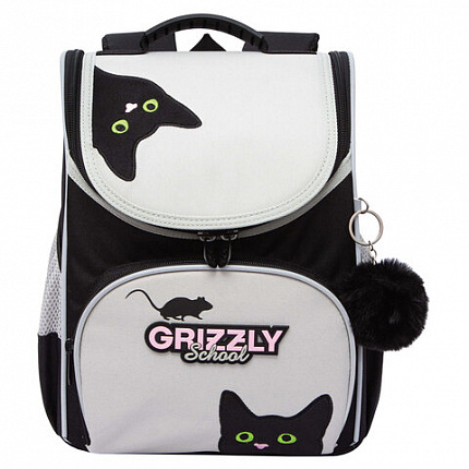 Ранец GRIZZLY анатомическая спинка, с мешком для обуви, для девочек, "BLACKY", серый, 33х25х13 см, RAm-584-1/2