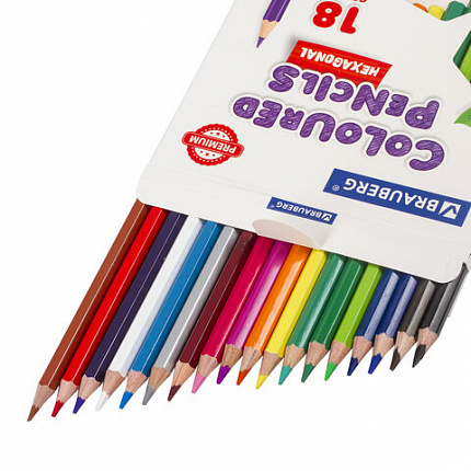 Карандаши цветные BRAUBERG PREMIUM, 18 цветов, шестигранные, грифель 3,3 мм, 181657