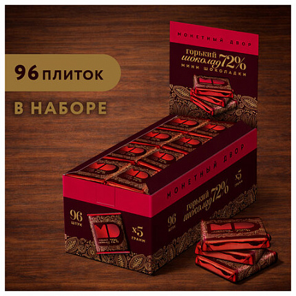 Шоколад порционный МОНЕТНЫЙ ДВОР, горький шоколад 72% какао, 96 плиток по 5 г, в шоубоксах, 507