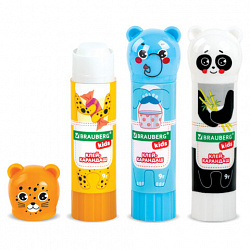 Клей-карандаш "Зверята: панда, слон, леопард" 9 г, фигурный колпачок, 3 шт./блистер, BRAUBERG KIDS, 272473