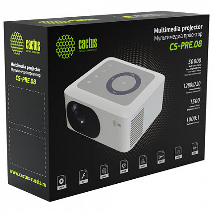 Проектор CACTUS CS-PRE.08B.WXGA, LCD, 1280x720, 16:9, 1500 лм, 1000:1, 0,5 кг, черный