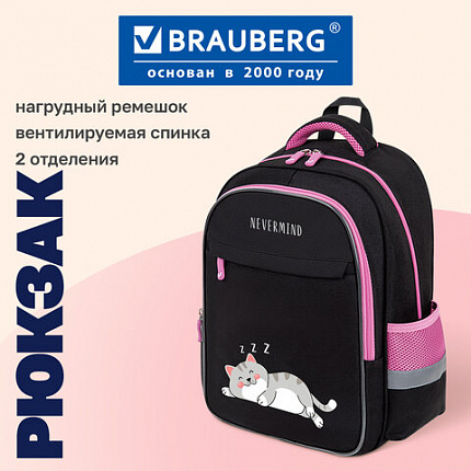 Рюкзак BRAUBERG FAVOUR, 2 отделения, 3 кармана, "Сонный котик", 40х29х15 см, 272058