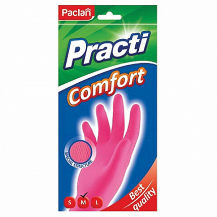 Перчатки МНОГОРАЗОВЫЕ латексные PACLAN "Practi Comfort", хлопчатобумажное напыление, размер 7,5-8, M (средний), розовые, вес 62 г, 407271