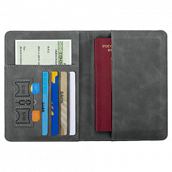 Обложка для паспорта и документов с защитой от считывания, 9 карманов, магнит, экокожа, серо-голубая, BRAUBERG, 238756