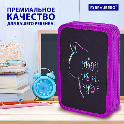 Пенал BRAUBERG, 2 отделения, полиэстер, 21х14 см, "Magic Cat", 271542