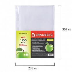 Папки-файлы перфорированные А4 BRAUBERG "PREMIUM", комплект 100 шт., гладкие, "Яблоко", 35 мкм, 221710