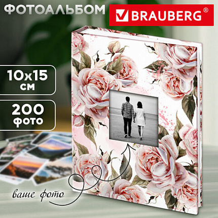 Фотоальбом BRAUBERG на 200 фото 10*15 см, твердая обложка, окно под фото, "Flowery love", 391424
