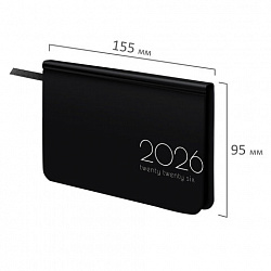 Еженедельник датированный 2026 МАЛЫЙ ФОРМАТ 95х155 мм, А6, BRAUBERG "Vista", под кожу, "Black coal", 117205