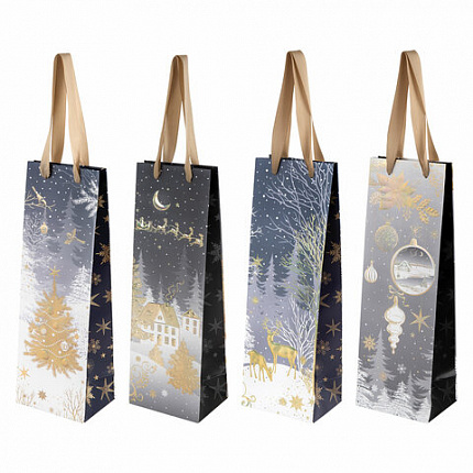 Пакет подарочный под бутылку (1 штука) новогодний 12x9x36 см, "Bottle", ассорти, ЗОЛОТАЯ СКАЗКА, 592134