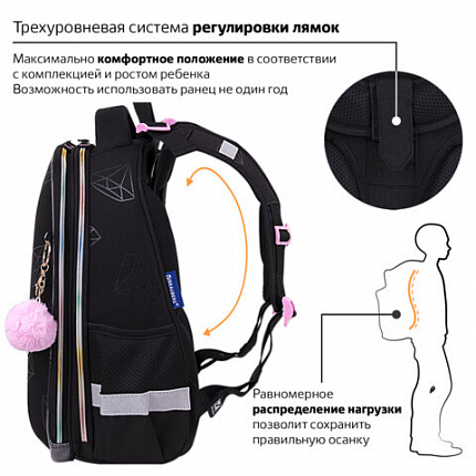 Ранец BRAUBERG LUMINOUS, 2 отделения, с брелоком, "Бриллианты", СВЕТЯЩИЙСЯ РИСУНОК, 38х29х16 см, 272070