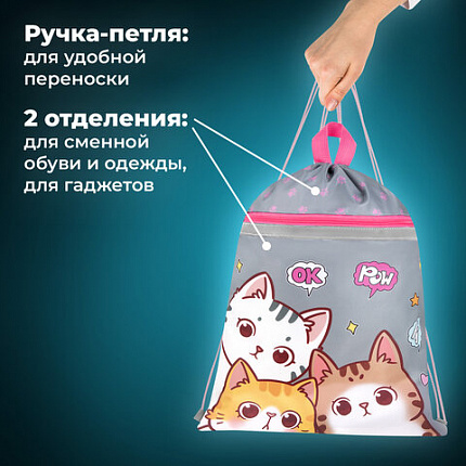 Мешок для обуви BRAUBERG, с петлей, светоотражающая полоса, 2 отделения, 46х36 см, "Hi there", 273449