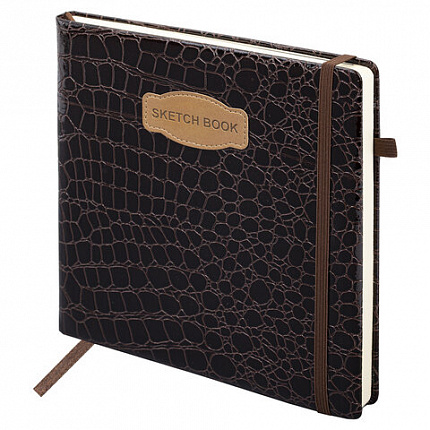 Скетчбук, слоновая кость 140 г/м2, 200х200 мм, 80 л., КОЖЗАМ, резинка, BRAUBERG ART CLASSIC, CROCO, коричневый, 116473