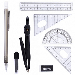 Готовальня STAFF "College" 9 предметов: циркуль 120 мм, чертежные принадлежности, механический карандаш, пластиковый пенал, 210863
