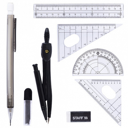 Готовальня STAFF "College" 9 предметов: циркуль 120 мм, чертежные принадлежности, механический карандаш, пластиковый пенал, 210863