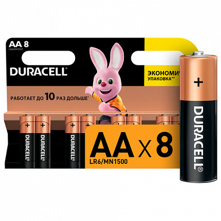 Батарейки КОМПЛЕКТ 8 шт., DURACELL Basic ОРИГИНАЛ, AA (LR6, 15А), алкалиновые, пальчиковые, C0033441