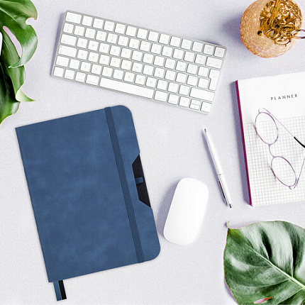 Блокнот А5 (162х218 мм), BRAUBERG "NOTE", под кожу софт-тач, с резинкой, 80 л., клетка, синий, 113438