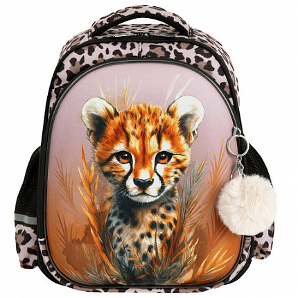 Ранец BRAUBERG STABLE, 2 отделения, с брелком, "Curious leopard", 36х28х16 см, 274387
