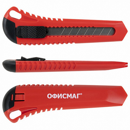 Нож канцелярский 18 мм ОФИСМАГ "Classic", фиксатор, корпус красный, упаковка с европодвесом, 238226