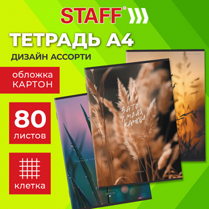 Тетрадь А4 80 л. STAFF "College" скоба, клетка, офсет №2 ЭКОНОМ, обложка картон, ЭСТЕТИКА, 405617
