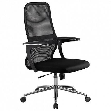 Кресло МЕТТА "SU-C-8-Т" хром, с подлокотниками, ткань-сетка, сиденье мягкое, черное