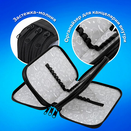 Пенал ПИФАГОР, 3 отделения, ламинированный картон, 19х11 см, "Black camo", 273489