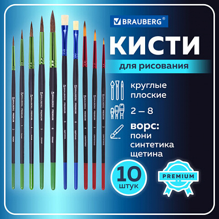 Кисти BRAUBERG PREMIUM, набор 10 шт. (круглые пони - 5 шт., синтетика - 3 шт., плоские щетина - 2 шт.), блистер, 201023