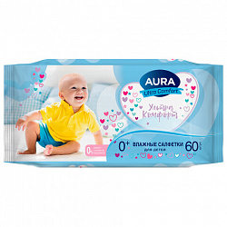 Салфетки влажные детские 60 шт., AURA Ultra Comfort, 0+, без спирта, 8106