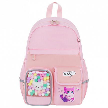 Рюкзак BRAUBERG PASTEL с термонашивками в комплекте, "Anime kitten", персиковый, 40х29х14 см, 272065