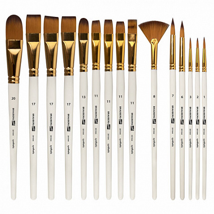 Кисти художественные набор 15 шт + мастихин в пенале, белые, синтетика, BRAUBERG ART