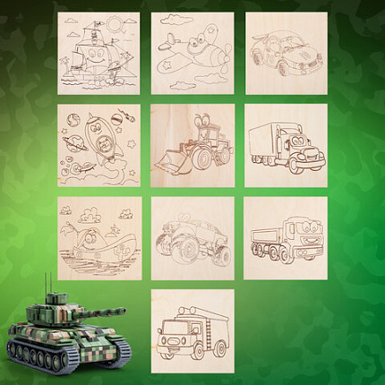 Заготовки деревянные для выжигания "Транспорт", 5 шт., 10 рисунков, 15х15 см, BRAUBERG HOBBY, 665305