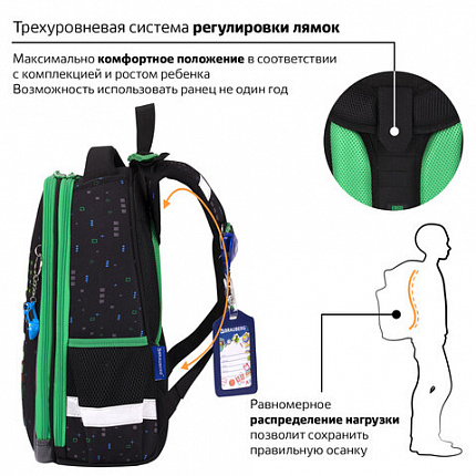 Ранец BRAUBERG PREMIUM, 2 отделения, с брелоком, "Space strike", патчи на липучках, 38х29х16 см, 273104