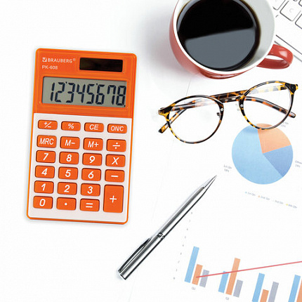 Калькулятор карманный BRAUBERG PK-608-RG (107x64 мм), 8 разрядов, двойное питание, ОРАНЖЕВЫЙ, 250522