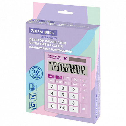 Калькулятор настольный BRAUBERG ULTRA PASTEL-12-PR (192x143 мм), 12 разрядов, двойное питание, СИРЕНЕВЫЙ, 250505