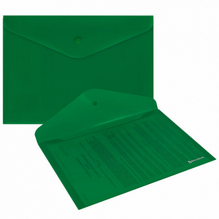Папка-конверт с кнопкой BRAUBERG "SUPER", А4, матовая непрозрачная, зеленая, ПРОЧНАЯ 0,2 мм, 272877