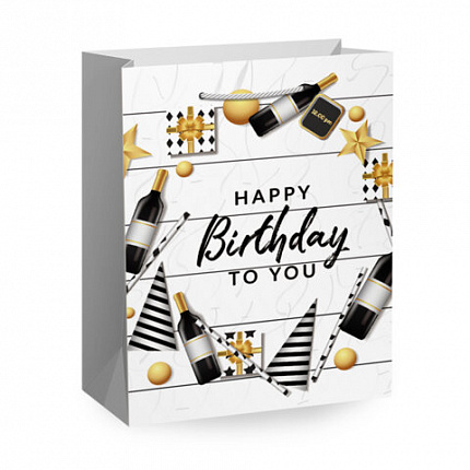 Пакет подарочный (1 штука) 18х10х23см (M) "Happy Birthday", ассорти, глиттер, фольга, ЗОЛОТАЯ СКАЗКА, 700806