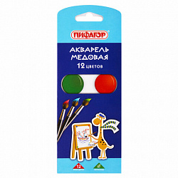 Краски акварельные ПИФАГОР "ЖИРАФ" на коррексе, 12 цветов, медовые, круглые кюветы, 192647