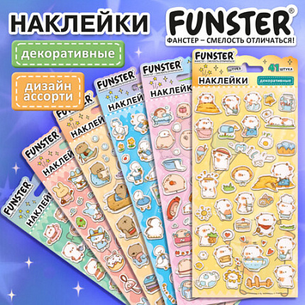 Наклейки декоративные "Милые животные", 17,5х9 см, ассорти 6 видов, FUNSTER (ФАНСТЕР), 6666081