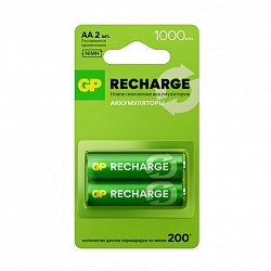 Батарейки аккумуляторные GP ReCharge Ni-Mh пальчиковые КОМПЛЕКТ 2 шт., АА (HR6) 1000 mAh, 100AAHCV, 100AAHCV-2CRSB