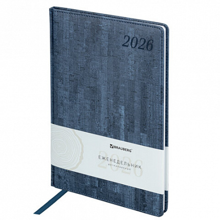 Еженедельник датированный 2026 БОЛЬШОЙ ФОРМАТ 210х297 мм, А4 BRAUBERG "Wood", под кожу, синий, 117158