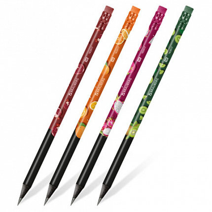 Набор карандашей чернографитных BRAUBERG "JUICY FRUIT", 12 штук, HB, с ластиком, корпус ассорти, 182034