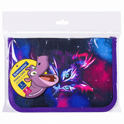 Пенал BRAUBERG с наполнением, 1 отделение, 1 откидная планка, 24 предмета, 21х14 см, "Neon cat", 271523