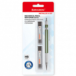 Карандаш механический 0,7 мм + грифели HB 24 штуки на блистере, BRAUBERG "METALLIC-X 07", металлические детали, 181966