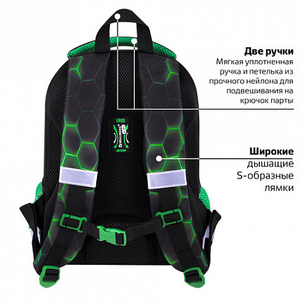 Ранец BRAUBERG KIDS START, 1 отделение, 2 кармана, "Зеленый мяч", 35х26х13 см, 272092