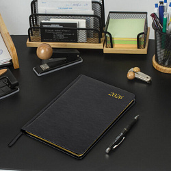 Еженедельник датированный 2026, А5, 145х215 мм, BRAUBERG "Iguana", под кожу, черный, 117171