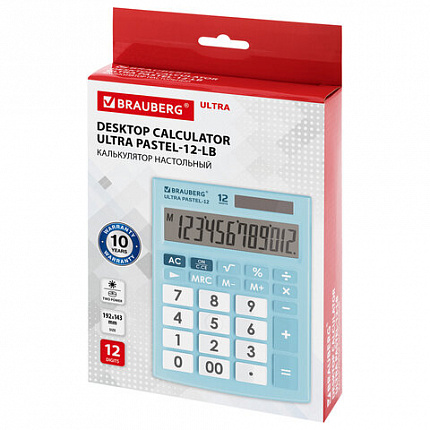 Калькулятор настольный BRAUBERG ULTRA PASTEL-12-LB (192x143 мм), 12 разрядов, двойное питание, ГОЛУБОЙ, 250502