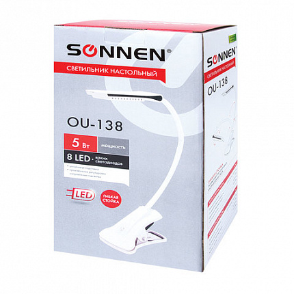 Настольная лампа / светильник SONNEN OU-138, на прищепке, светодиодная, 5 Вт, белый, 236668